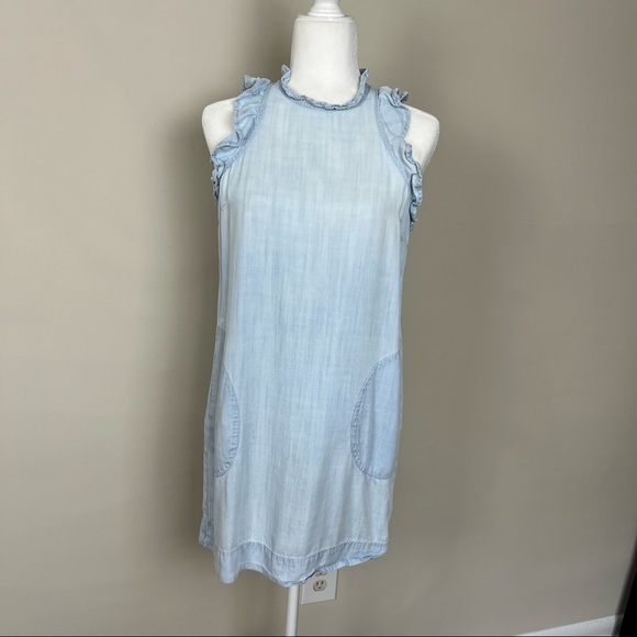 CLOTH & STONE CHAMBRAY MINI DRESS RUFFLE HALTER NECK BLUE SIZE SMALL - Picture 12 of 16